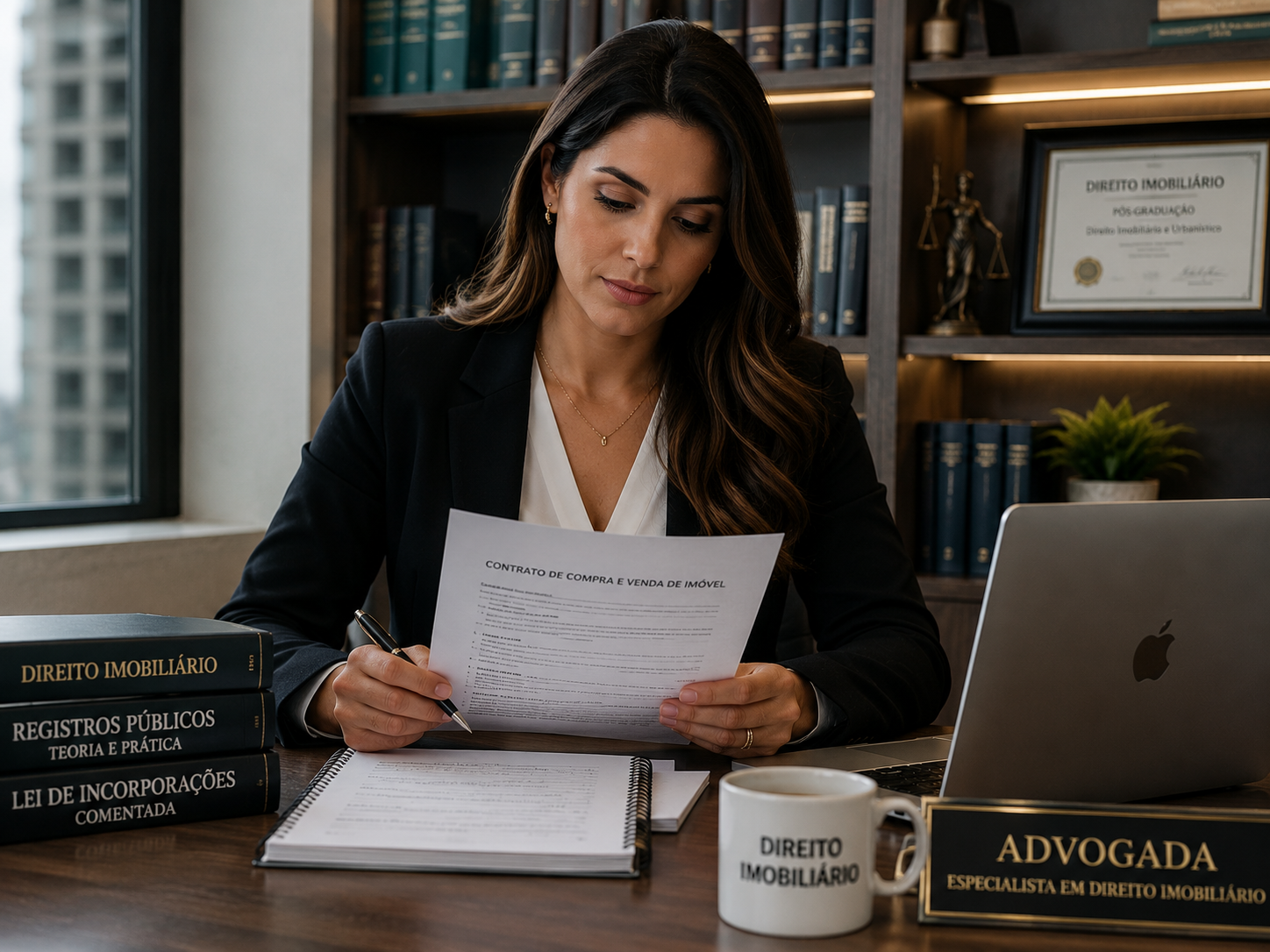 Advogada especializado em direito imobiliário revisando um Contrato de Compra e Venda de Imóvel em uma mesa de escritório.