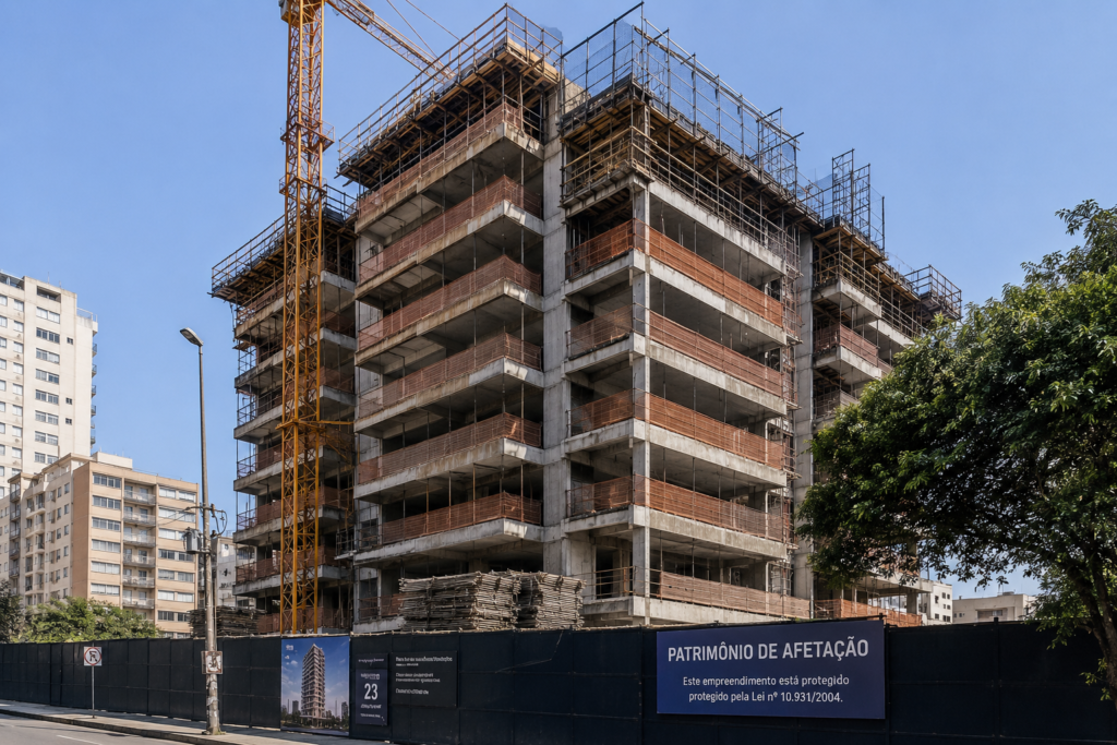 Edifício em construção, simbolizando um empreendimento imobiliário com o Patrimônio de Afetação