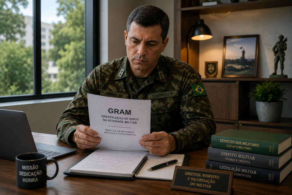 Militar em uniforme, representando a Gratificação de Risco da Atividade Militar (GRAM) e os direitos de militares inativos e pensionistas.