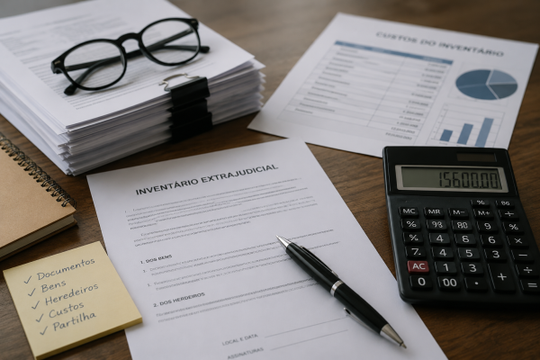 Documentos e calculadora sobre uma mesa, simbolizando os custos e a organização do inventário extrajudicial