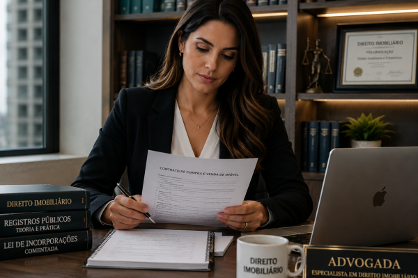 Advogada especializado em direito imobiliário revisando um Contrato de Compra e Venda de Imóvel em uma mesa de escritório.